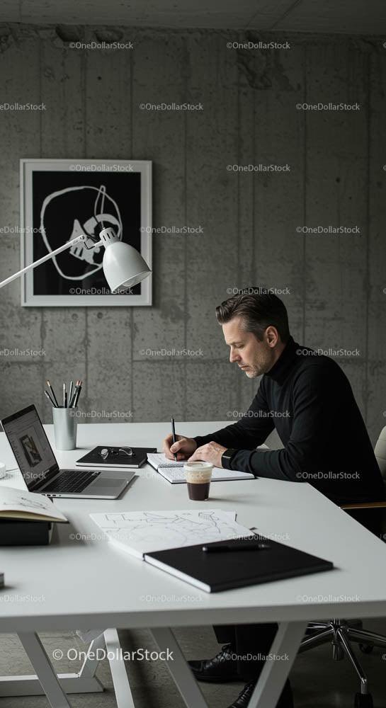 Mężczyzna Skoncentrowany na Pracy w Nowoczesnym Minimalistycznym Biurze