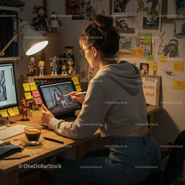 Artysta pracujący nad animacją cyfrową w przytulnym domowym studio