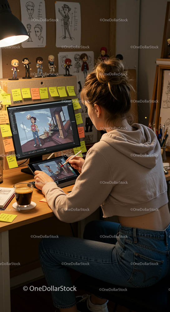 Artysta cyfrowy tworzący ilustrację postaci na tablecie