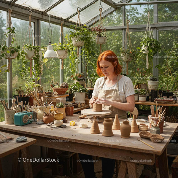 Kobieta Tworząca Ceramikę w Nasłonecznionym Studiu w Szklarnianym Ogrodzie