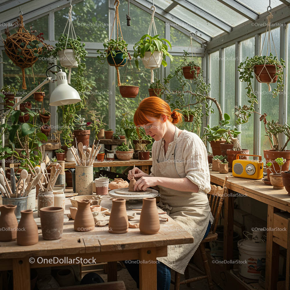 Rudowłosy rzemieślnik wytwarzający ceramikę w Lush Greenhouse