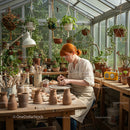 Red-Haired Artisan Crafting Pottery in Lush Greenhouse
