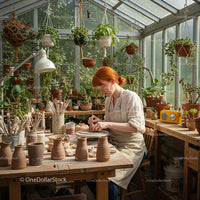 Red-Haired Artisan Crafting Pottery in Lush Greenhouse