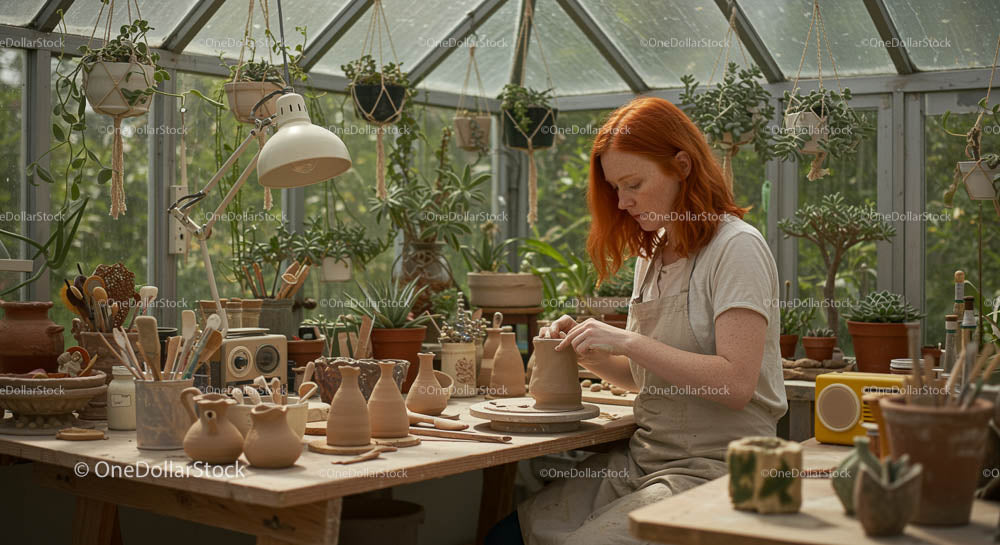 Artysta ceramik tworzący ceramikę w bujnej szklarni
