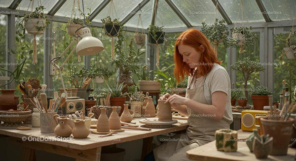 Artysta ceramik tworzący ceramikę w bujnym, zielonym studiu szklarniowym