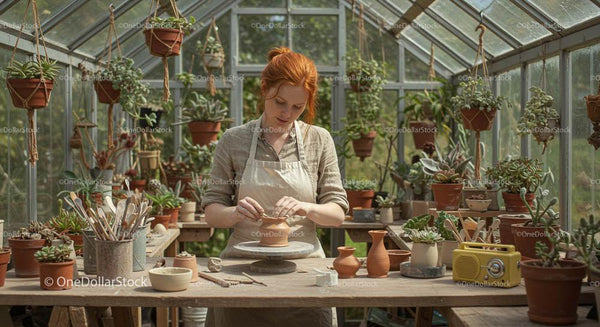 Rękodzielnicze wyroby ceramiczne w bujnym studiu szklarniowym