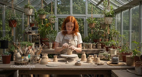 Kobieta Tworząca Ceramikę w Zielonym Studiu Szklarnianym