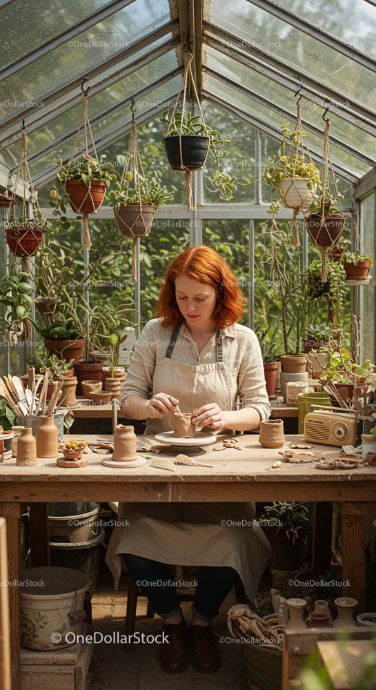 Redhead Artisan Crafting Pottery w Sunlit Greenhouse Studio