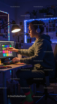 Creative Designer Working Late at Night in Home Office