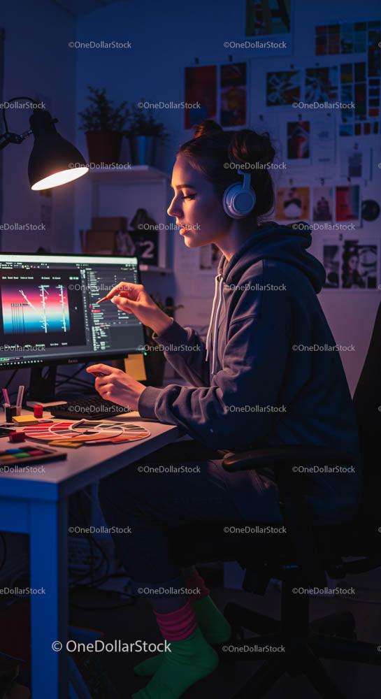 Creative Graphic Designer Working Late at Night with Digital Tools
