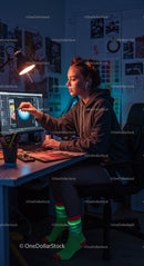 Focused Graphic Designer Working Late in Cozy Office