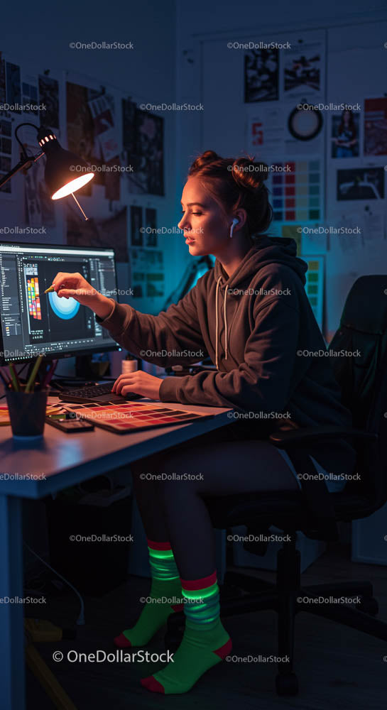 Skoncentrowany projektant graficzny pracuje do późna w przytulnym biurze