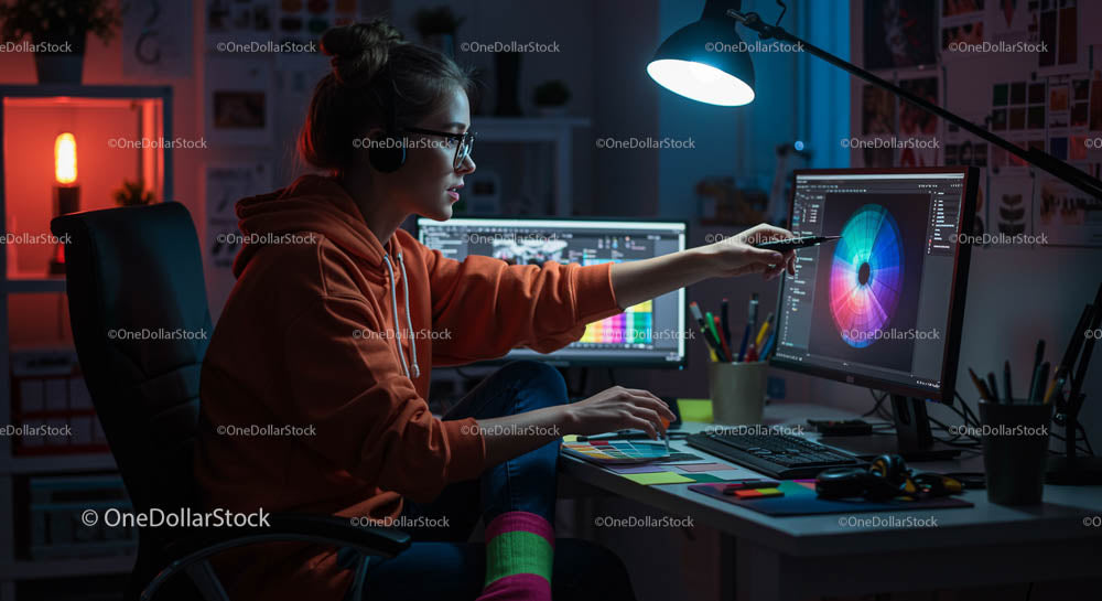 Młoda kobieta projektująca grafikę na dwóch monitorach w nocy