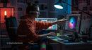 Young Woman Designing Graphics on Dual Monitors at Night