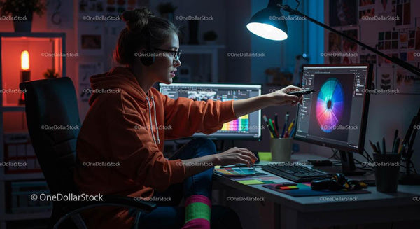 Młoda kobieta projektująca grafikę na podwójnych monitorach nocą