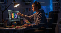 Digital Artist Working Late in Creative Home Office