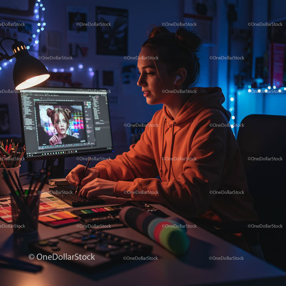 Kreatywny projektant graficzny pracuje do późna nad projektem cyfrowym