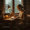 Woman Writing at a Cozy Candlelit Desk on a Rainy Day