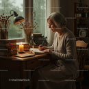 Elderly Woman Writing at a Vintage Desk on a Rainy Day