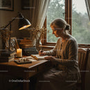 Woman Writing at Wooden Desk with Typewriter and Candle
