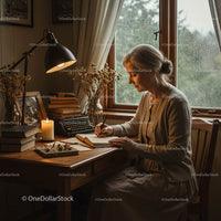 Woman Writing at Wooden Desk with Typewriter and Candle