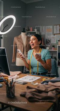 Smiling Fashion Designer in Creative Workspace