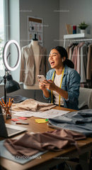 Fashion Designer Laughing in Modern Studio with Sewing Materials