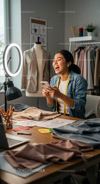 Fashion Designer Laughing in Modern Studio with Sewing Materials