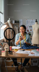 Joyful Fashion Designer in Creative Workspace
