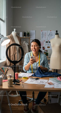 Joyful Fashion Designer in Creative Workspace