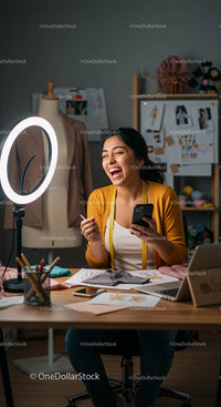 Fashion Designer Laughing in Creative Workspace with Phone