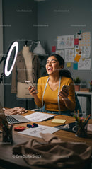 Laughing Fashion Designer in Creative Studio with Smartphone