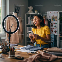 Young Fashion Designer Laughing in Creative Home Studio