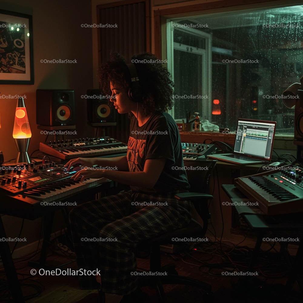 Skupiony producent muzyczny pracujący w domowym studiu Ambient