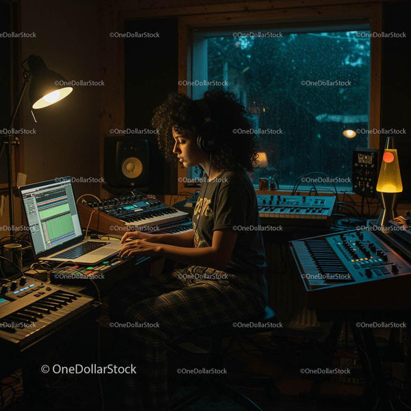 Young Woman Producing Music in Home Studio at Night