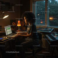 Female Music Producer Creating Tracks in Cozy Home Studio