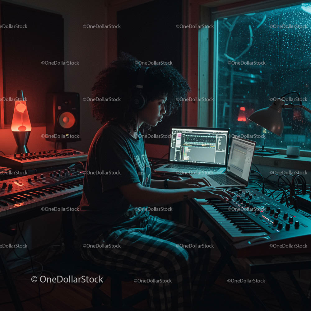Producent muzyczny pracujący w nowoczesnym studiu domowym