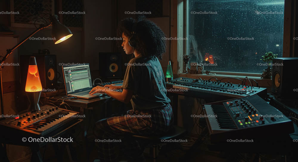 Nocna produkcja muzyczna w przytulnym domowym studiu