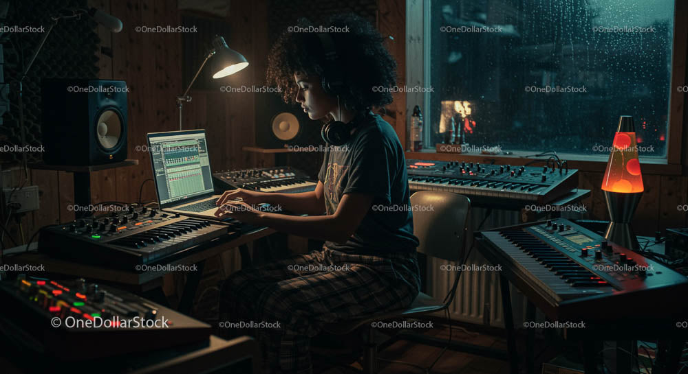 Młody producent muzyczny pracujący w przytulnym domowym studiu nocą