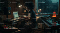 Young Music Producer Working in a Cozy Home Studio at Night