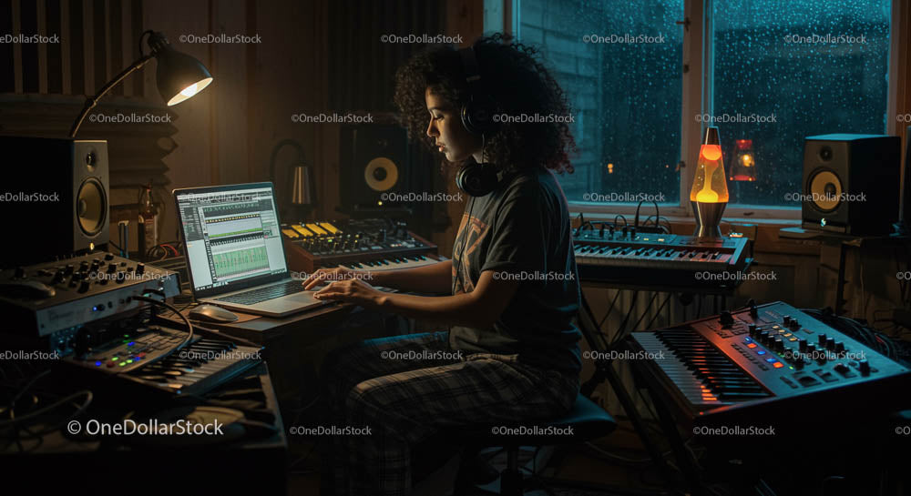 Kobieta produkująca muzykę w przytulnym domowym studiu