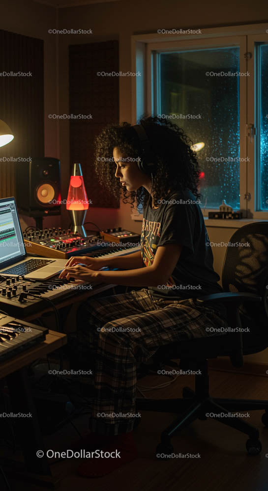 Producent muzyczny pracujący w przytulnym domowym studiu w nocy