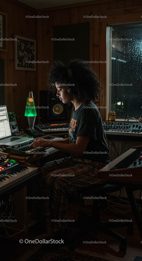Producent muzyczny komponujący w przytulnym domowym studiu