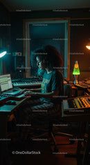 Focused Music Producer Working in Home Studio at Night