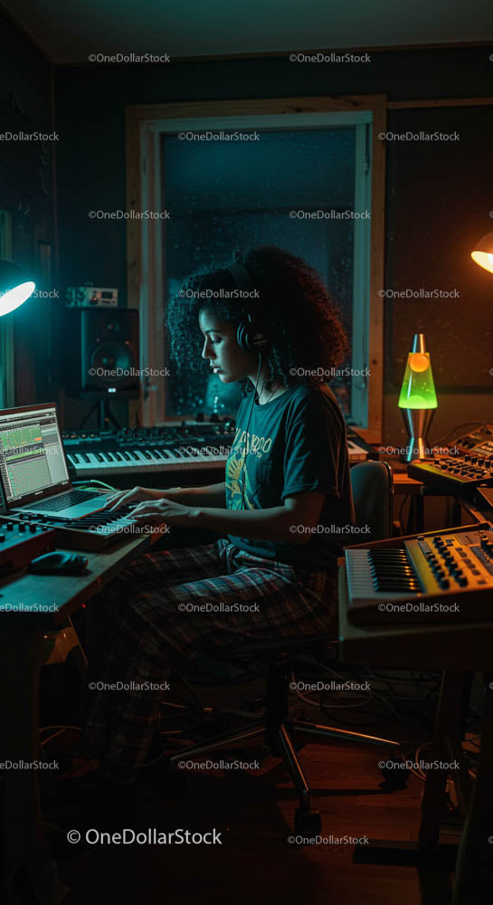 Skupiony producent muzyczny pracujący w domowym studiu w nocy
