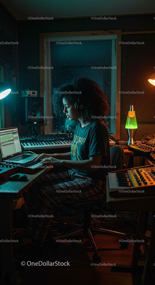 Focused Music Producer Working in Home Studio at Night
