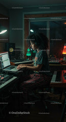 Skupiony producent muzyczny w domowym studiu w nocy