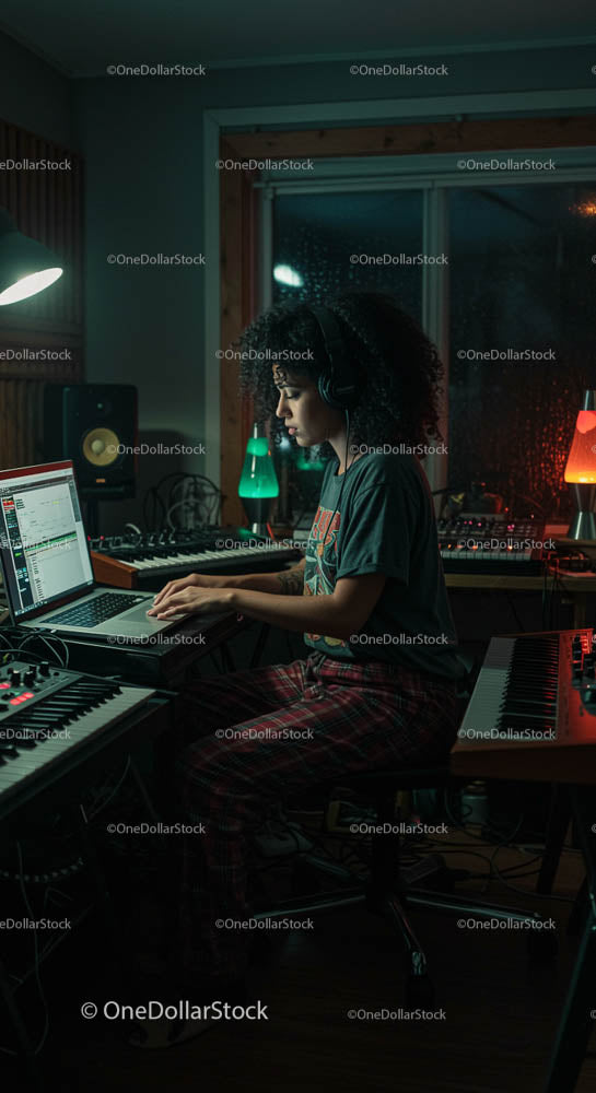 Skupiony producent muzyczny w domowym studiu w nocy