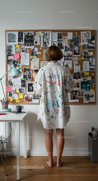 Artysta w koszuli poplamionej farbą w Creative Workspace
