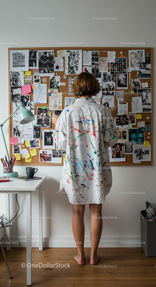 Artysta w koszuli poplamionej farbą w Creative Workspace